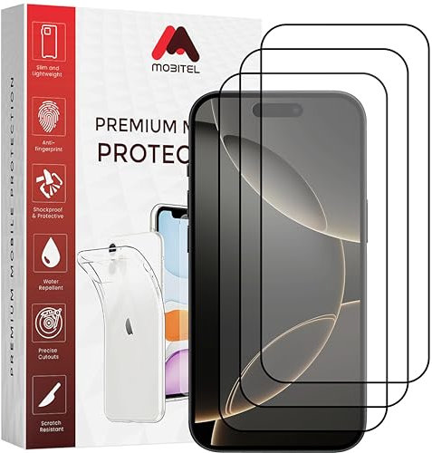 Mobitel 3-Pack Tempered Full Coverage Glass Screen Protector 9H Hardness Anti-Bubble Anti-Scratch Case Friendly Easy Installation HD Clear (iPhone 16 Pro Max)