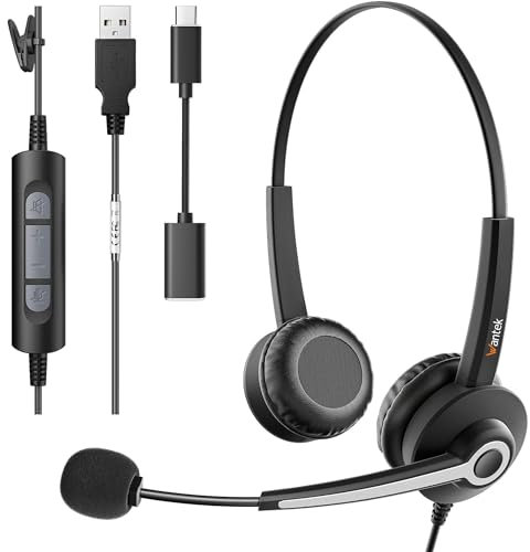 Wantek Cuffie con microfono Cuffie audio stereo con cancellazione del rumore Adattatore microfono di tipo C Controllo del volume delle chiamate Auricolare per Call Center Office Business Team Meetings