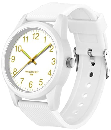 TENOCK Analoge Kinderuhren FüR Jungen MäDchen Kinderuhren Zeit Lernen 5ATM Wasserdicht Kinderuhr Leicht Zu Lesen FüR Alter 4-12 Kinder GroßE Geburtstagsgeschenke (Weiß)