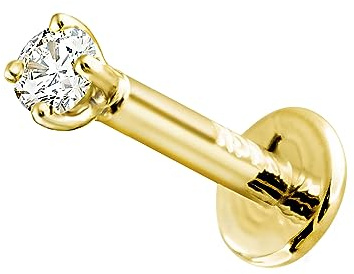 16G 14K Yellow Gold 0.035ct Diamond Labret Monroe Stud 6mm Post Flat Disk Bottom Prong Set 2mm Genuine Round Brilliant Cut Diamond Lip Ring Tragus Stud 14KLBRT-2WD6YG