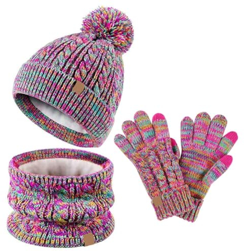 Lifup Kinder Jungen Mädchen Beanie Mütze Schal und Handschuhe Set mit Fleece Gefütterte für 5-12 Jahre, Wintermütze mit Bommel Strickmütze Schlauchschal Winterhandschuhe Set Regenbogen Mix
