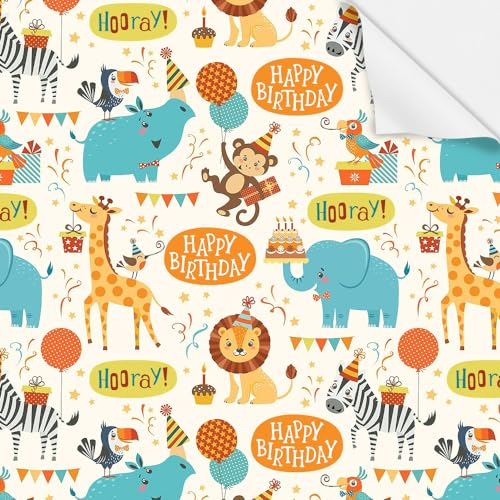 Geburtstags-Geschenkpapier für Kinder, Mädchen und Jungen, Geschenkpapier mit Tier-Party-Design für Geburtstag, Babyparty, 4 flach gefaltete Blätter, 50 x 70 cm pro Blatt