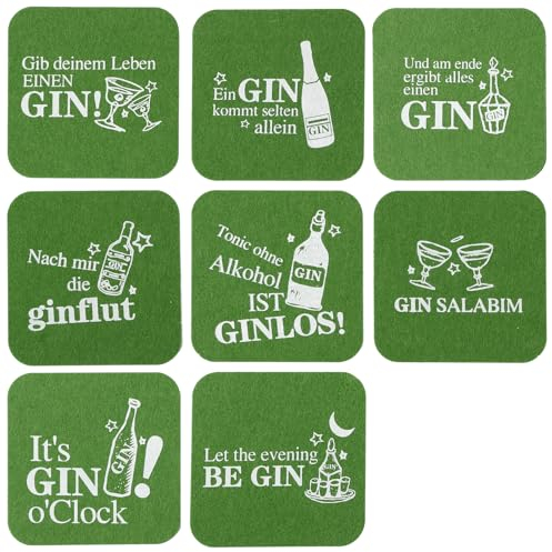 XIAONIU Untersetzer Gin Grün Set 8 Stück Gin mit Ginsprüchen, Glasuntersetzer Filz Gin Untersetzer, für Ginfans Ginliebhaber und Gintrinker (deutsche Sprüche)