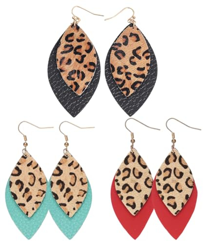 3 Paar Boho Print Ohrringe,Boho Leder Ohrringe,Leopard Print Ohrringe,Leo Print Ohrringe Animal Print Ohrringe Leopardenmuster Ohrringe Boho Vintage Leopard Leo Handgefertigte Ohrringe Strandschmuck
