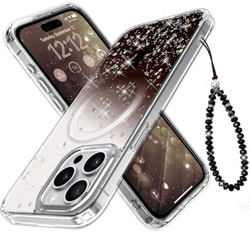 Unlicaku for iPhone 15 Pro Max Case, Glitter Clear Phone Case Compatible with MagSafe, with Crystal Phone Chain, Slim Thin Shockproof Protective Cover, Pretty Sparkly Cute Protective case, Black