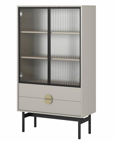 Selsey Vitrine Glas Vitrinenschrank Glasvitrine Wohnzimmer Glastür Niedrig 84 cm 2 Schubladen 3 Fächer Graubeige Stoon