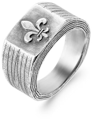 Bague Homme en Argent 925/000, Large Strié, Style Chevalière Motif Fleur de Lys Relief, bijou masculin, fete des peres, Marque Francaise (60)
