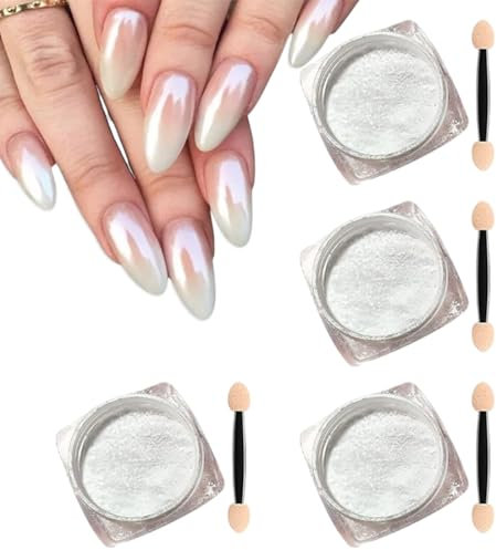 4 Pezzi Polvere per Unghie Cromata Perla Polvere per Unghie Cromata Perla Bianca Polvere di Pigmento Cromato Effetto Perla per Unghie Unghie Cromate Effetto Specchio Metallico