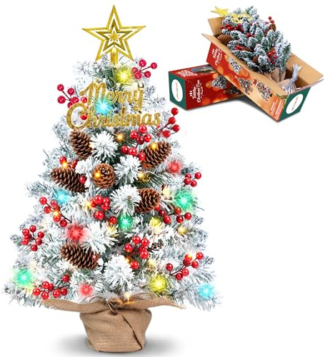 JOY SPOT! 60cm Mini Weihnachtsbaum mit Beleuchtung LED, Snow Flocked Künstlicher Weihnachtsbaum Klein, Tisch Weihnachtsbaum Geschmückt, Sternspitze, Beeren, Tannenzapfen für Weihnachten Deko