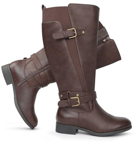 Chicblooms Stivali da equitazione da donna con gambo extra largo, tacco basso, cinturino alla caviglia, design sottile, stivali alti al ginocchio, marrone, 38.5 EU