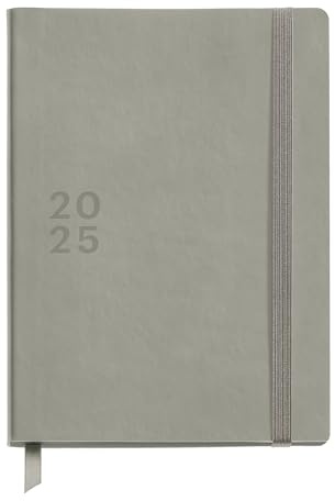 Miquelrius - Kalender 2025, Größe 155 x 213 mm, Tagesansicht, genähter Einband aus Kunstleder, nachhaltiges Papier 100 g/m², Gummiverschluss, Spanisch, Englisch und Portugiesisch, Grau