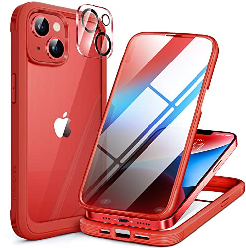 Miracase Glass Case for iPhone 14 Plus Case 6.7-Inch, Full Body Bumper Clear Back Cover and Built-in 9H Tempered Glass Screen Protector + Camera Lens Protector (Red)