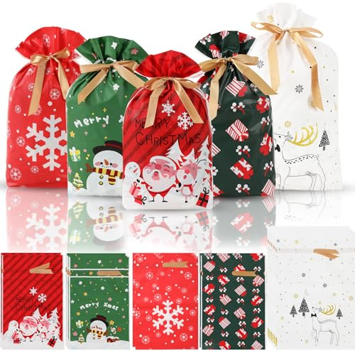 Weihnachtstüten, geschenktüten weihnachten, Geschenktüten mit Kordelzug, Weihnachtstüten für Leckereien,zum Verpacken von Snacks,für Geburtstagspartys,Hochzeitsfeiern,Gastgeschenke, 15 Stück