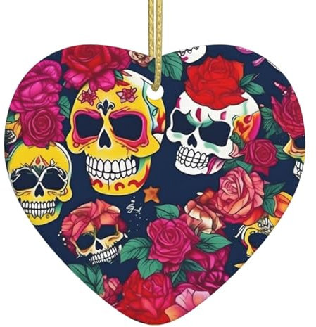 Zuckerschädel und Blumen, Weihnachten, Keramik, Liebe, Anhänger, Weihnachtsdekoration, saisonale Dekoration, Heimdekoration