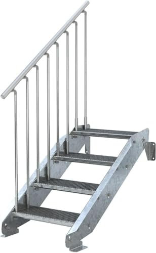 Stahltreppe 4 Stufen - flexible Höhe von 62 cm bis 84 cm einstellbar - feuerverzinkte Stahltreppe - Normbreite - montagefertiger Bausatz (1 X Geländer, Stufenbreite 60 cm)