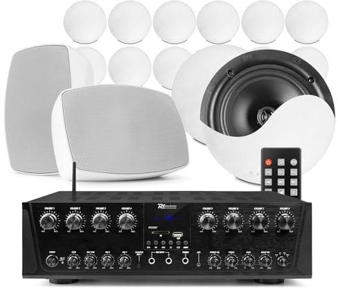 Power Dynamics 8-Zone NCSS8 Bluetooth Multi Room Ceiling Speaker System, Home Multiroom Audio Kit with 14 Indoor Speakers & 2 Outdoor Garden Units for Whole House Sound Coverage