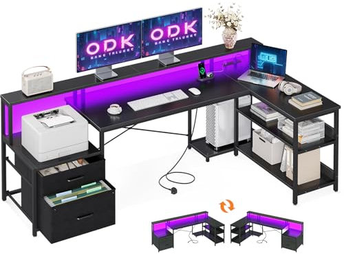 ODK Corner Desk with Drawers, 189×100 cm L Shaped Gaming Desk with LED Lights & Power Outlets, Reversible Computer Desks with Storages, Black