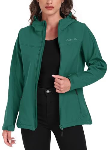 ATLASLAVA Giacca softshell da donna con cappuccio, giacca in pile, giacca da trekking, giacca foderata, per escursioni all'aria aperta, verde scuro, M