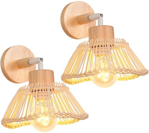 TOKIUS 2 pezzi Lampada da Parete Interna Industriale Applique da parete Gabbia in Bambù e Metallo Ø20cm Lampadari e Plafoniere E27 Cucina Per Cucina Camera da letto (A - In bambù rotonda, 2 pezzi)