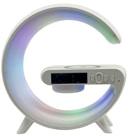 OrionMart Alarm Clock G Shaped Bedside Lamp Wireless Charger & Speaker - Color Changing Table Lamp Night Light - Premium Gift Idea