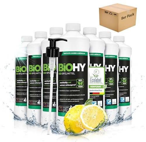 BiOHY Liquide vaisselle Plus (9 x 1 litre) + distributeur à pompe | Concentré liquide bio pour vaisselle avec Ecolabel UE | Dégraissant extra puissant | Idéal pour distributeur de liquide vaisselle |
