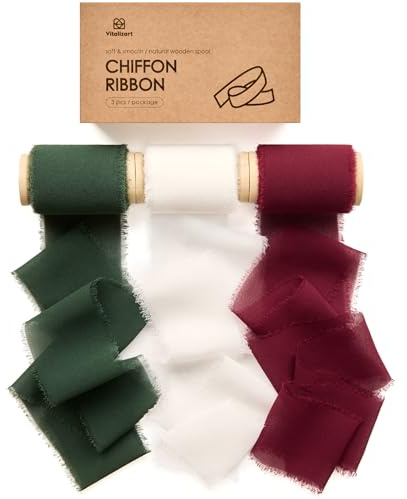 Vitalizart Chiffonband Dunkelgrün & Weiß & Burgunderrot 5 cm x 13,7 m | Dekoband Ausgefranste Fransen für Hochzeitseinladungen, Brautsträuße, Geschenkverpackungen, Festdekoration 4,57 m x 3 Rollen