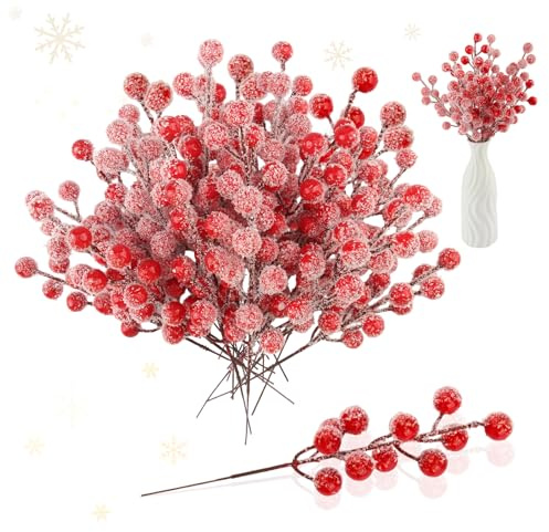 RobLuX 24 Pcs Artificial Frosted Berries Stems Rote Beeren Deko Weihnachten mit 12 volle Glasur Künstliche Beerenzweige 12 Halbe Glasur Künstliche Rote Beeren für zweige deko Weihnachten DIY Crafts