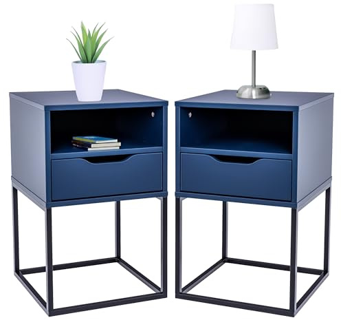 POSNORD Nachttisch 2er Set mit Schublade | 38 x 63 x 36 cm (BxHxT) | Hoher Schmaler Nachtschrank für Boxspringbett | Moderne Nachtkommode aus MDF & Metall | Nachttisch Dunkelblau