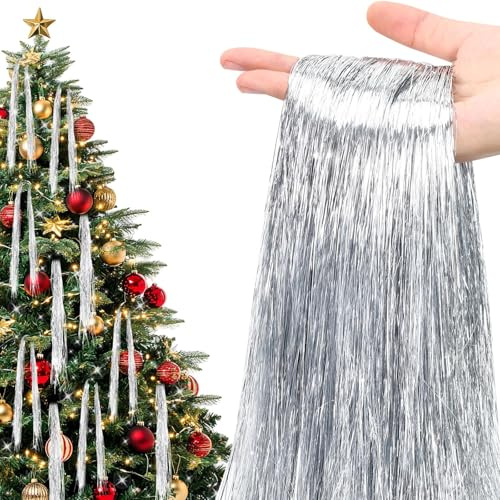 6000 Stränge Weihnachts-Lametta-Eiszapfen, silberfarben, 50 cm, glänzende Vintage-Lametta-Folienfransen, für den Weihnachtsbaum, glitzernde Hängedekoration für Zuhause, Weihnachten, Geburtstage