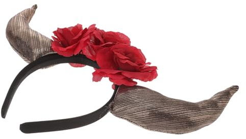 Hohopeti Rotes Horn Haarreif Day Of The Dead Kopfschmuck mit Rosen für Damen Festival Party Cosplay Halloween Kostüm Zubehör