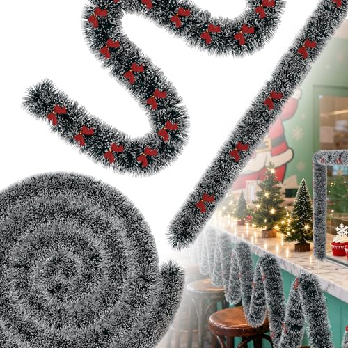 Suusolny 8M Grün Weihnachtsgirlande Mit 24er Fliege Weihnachtsdeko Weihnachten Deko Girlande Tannengirlande - Für Tür, Treppe, Weihnachtsbaum, Christbaumschmuck, Festliche Deko(Weiß Kante)