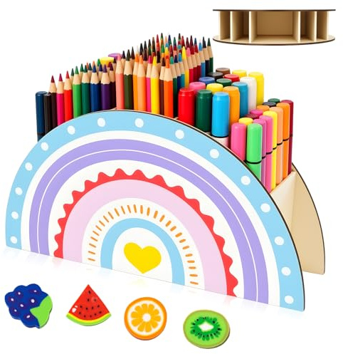Pot à crayons en bois arc en ciel, porte stylo créatif organisateur de bureau pour stylos et papeterie, rangement décoratif pour étudiant, école, maison, bureau, accessoires de bricolage