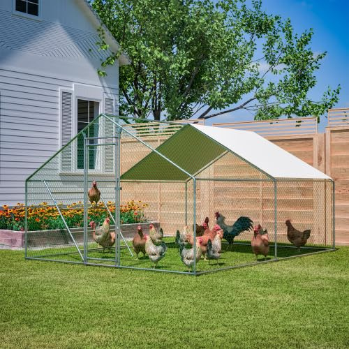 Hühnerstall 3x4m mit Auslauf, begehbares winterfestes Freilaufgehege aus 1mm Stahlrohr, Sicherheitsschloss & Sitzleiter – Voliere für Enten, Tauben, Truthähne, Hühner
