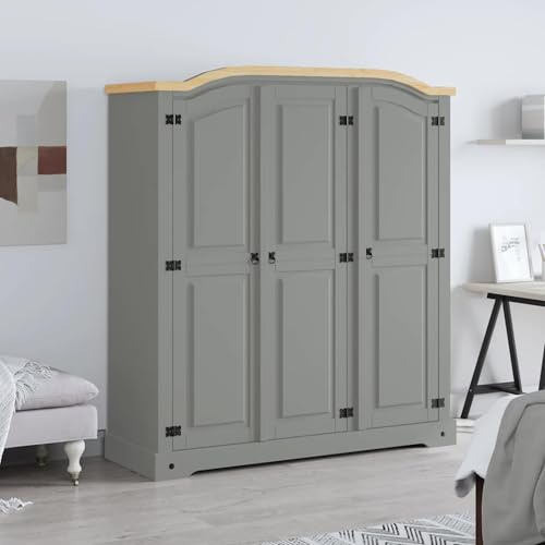 Gecheer Solid Pine Wood Wardrobe with 3 Doors, Mexican Corona Style Armoire with Black Metal Detailing, Grey and Brown, 151x52x170 cm, for Bedroom or Cloakroom 282621