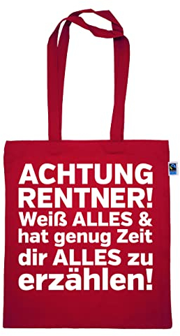 clothinx Tasche Achtung Rentner! 100% bio fair Baumwolltasche öko nachhaltig witzige Geschenkidee Geschenk für Rentner Pensionäre lange Henkel Tragetasche Einkaufsbeutel Stoffbeutel Rot