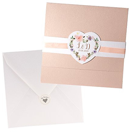 Weddix Einladungskarten Irene zur Hochzeit mit Blumen, Apricot - 3 Stück Blanko Hochzeitseinladung mit Umschlag