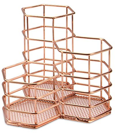 Rose Gold Hexagonal Desk Tidy | Mesh Triple Holder | Office & Bathroom Organiser | Pencil & Makeup Brush Storage | Rust-Proof Pencil Pot | M&W