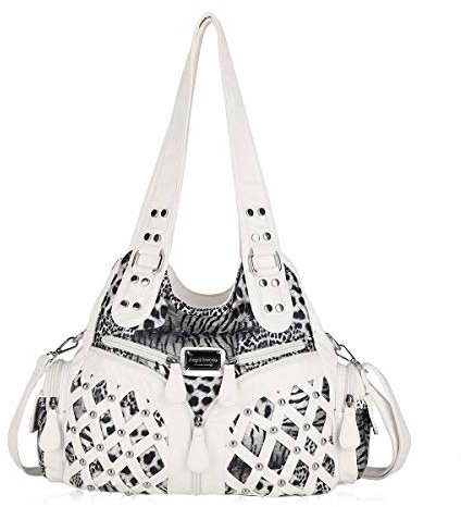 Angel Barcelo Handtasche für Damen, Schultertasche, Griff oben, Hobo-Tasche, modisch, gewaschenes PU-Leder, Weiß / Leopardenmuster, Einheitsgröße