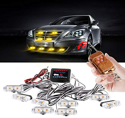 yifengshun 8 in 1 LED Emergency Strobe Lights for Truck Vehicle Warning Flashing Guide Grille Flash DRL Police Car Motorcycle DC12V Wireless Remote Control (Amber)