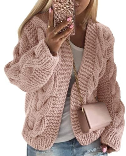 Onsoyours Gilet Cardigan Femmes Veste en Tricot Chaud Hiver Pull Tricoté Casual Grosse Maille Pull Outwear Blouson Chandail Sweater Top Manteau Rose XL