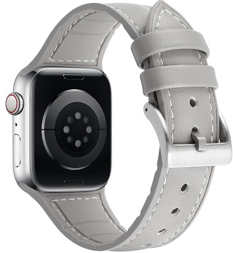 Tasikar Compatible with Apple Watch Strap 49mm 45mm 44mm 42mm, Genuine Leather with Silicone Hybrid Design Sport Band Compatible for Apple Watch Ultra Series 9 8 7 6 5 4 3 2 SE- (42/44/45mm, Gray)