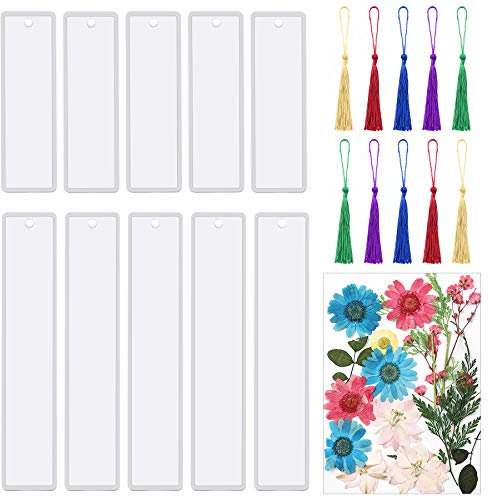 FEBSNOW 20-teiliges Lesezeichen-Harz-Formen-Set, 10 x Lesezeichen-Epoxid-Gussformen, 10 x Quasten und 1 Packung getrocknete Blumen für DIY-Lesezeichenherstellung