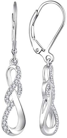 JO WISDOM Boucles d'oreilles Infini en Argent 925/1000 Dormeuse pour Femme avec 3A Oxyde de Zirconium avec plaqué or blanc