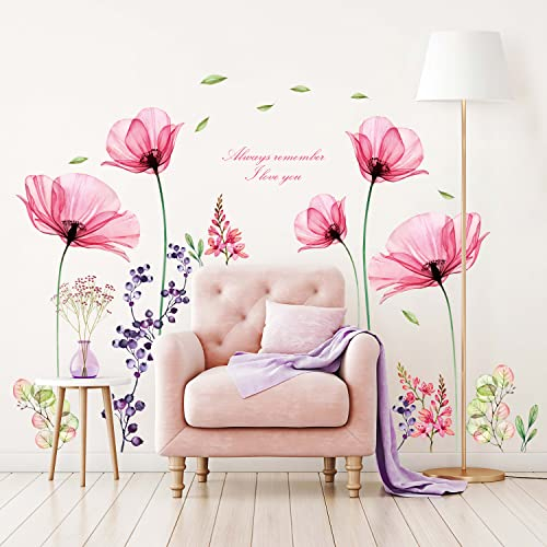 BASHOM BS-106 Groß X-ray Rosa Blumen Wandtattoo Wandaufkleber Aquarell Wandsticker für Schlafzimmer Wohnzimmer Wanddeko Kinderzimmer Sofa Fenster Deko Hintergrund