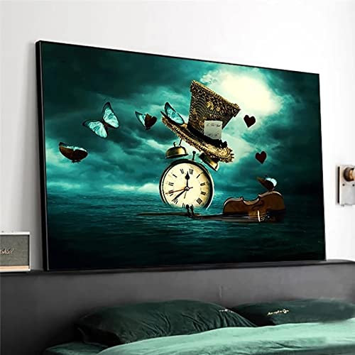 ZHMANLUCK Horloge Violon Papillon Chapeau Salvador Dali Surréalisme Créatif Rétro Toile Peinture Affiches Imprime Mur Art Photos Décor À La Maison 50x83cm (20x33in) Avec Cadre
