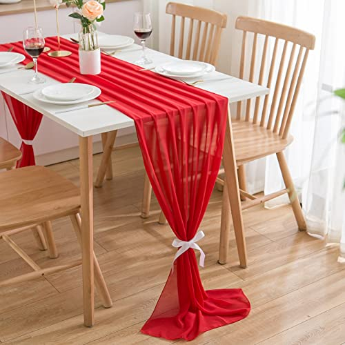 CHUQING Tischläufer für Hochzeiten, Kommunionen, Geburtstage,Hochzeit 3m Tischband Maße: 70 x 300 cm (Rot, Chiffon)