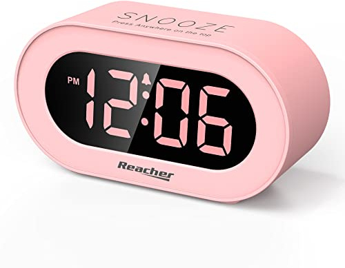 REACHER Pink Girls Alarm Clock for Kids Bedroom, Dimmable LED Digital Display, Outlet Powered, Adjustable Volume, Simple to Use, Snooze, Small Size for Bedside, Desk, Toddler