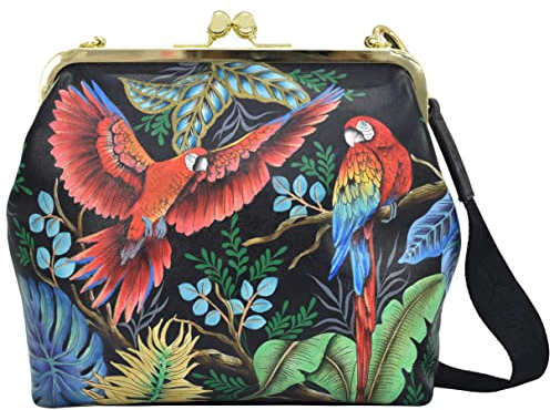 Anuschka Women's Frame Crossbody Tasche aus Echtleder, handbemalt, mittlere Größe mit Rahmen - Rainforest Beauties