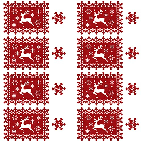 Set de Table de Noël Rouge Hillylolly Set de Table Noël Lavable, Set de Table Motif Noel, Lot Set de Table Noel, Feutre, Rouge, Incluant 8 Sets de Table(40x30 cm)+8 sous-Verres (10x10 cm)