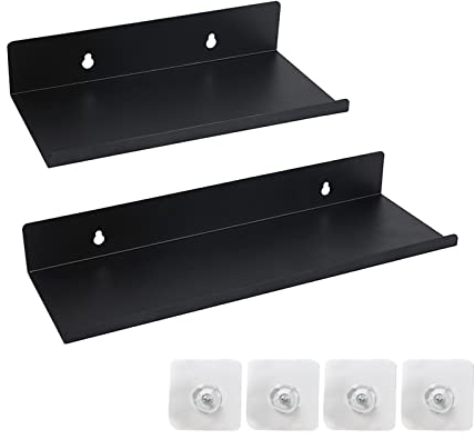 Étagère Murale en Métal Noir, Tablette Flottante Noire-2 Pièces, Étagère Murale Salle de Bain, Étagères Flottantes en Acier pour la Cuisine, Le Salon, la Chambre et Le Bureau (20 Cm)